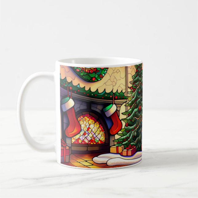 Christmas Fireplace Scene in Stained Glass Coffee Mug (Left)