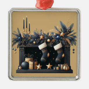CHRISTMAS FIREPLACE SCENE WITH CANDLES & STOCKINGS METAL TREE DECORATION