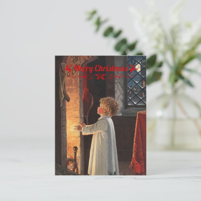 Christmas fireplace, stockings and a child holiday postcard (Standing Front)