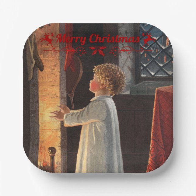 Christmas fireplace, stockings and a child  paper plate (Front)