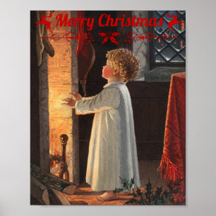 Christmas fireplace, stockings and a child poster