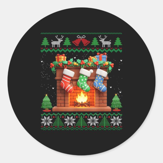 Christmas Fireplace Stockings Funny Ugly Christmas Classic Round Sticker (Front)