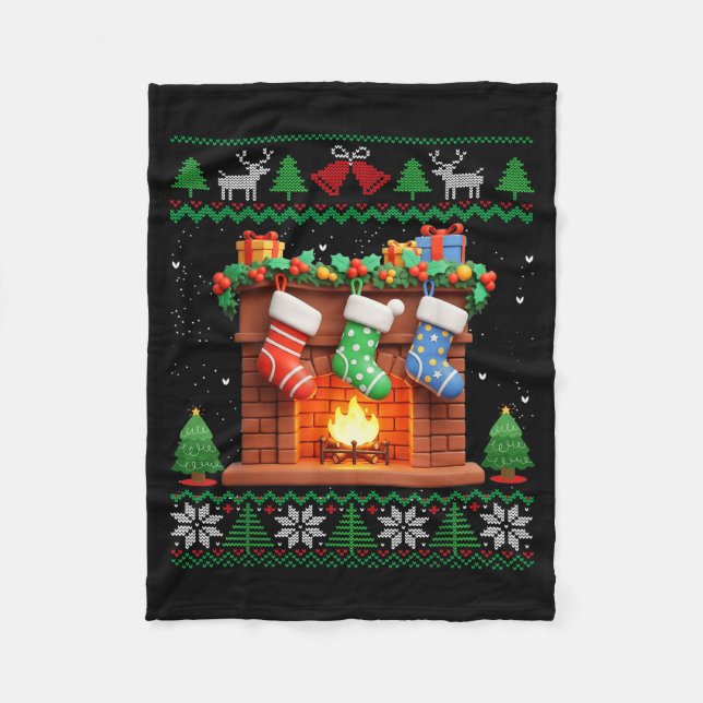 Christmas Fireplace Stockings Funny Ugly Christmas Fleece Blanket (Front)