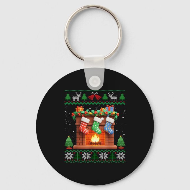 Christmas Fireplace Stockings Funny Ugly Christmas Key Ring (Front)