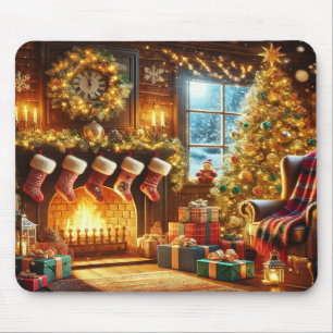 Christmas fireplace & tree in a winter wonderland  mouse mat