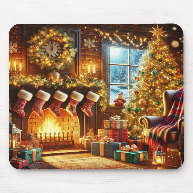 Christmas fireplace & tree in a winter wonderland  mouse mat (Front)
