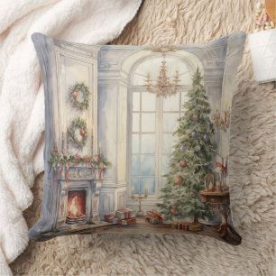 Christmas Fireplace Window Tree Blue Cushion