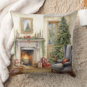 Christmas Fireplace Window Tree Blue Cushion