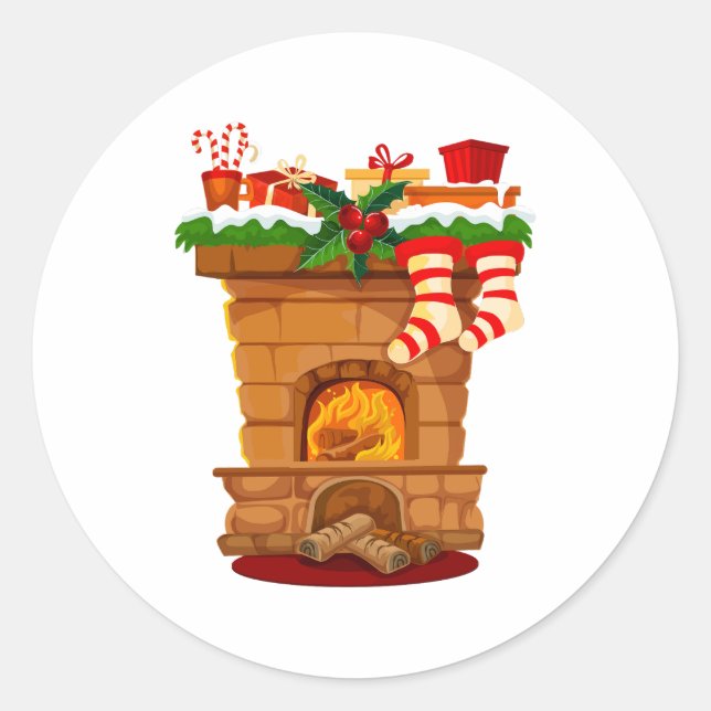 Christmas Fireplace with Decorations and Stockings Classic Round Sticker (Front)