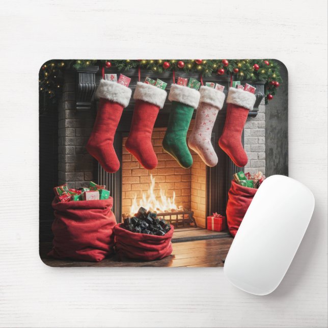 Christmas Fireplace With Sack of Coal Mouse Mat (With Mouse)