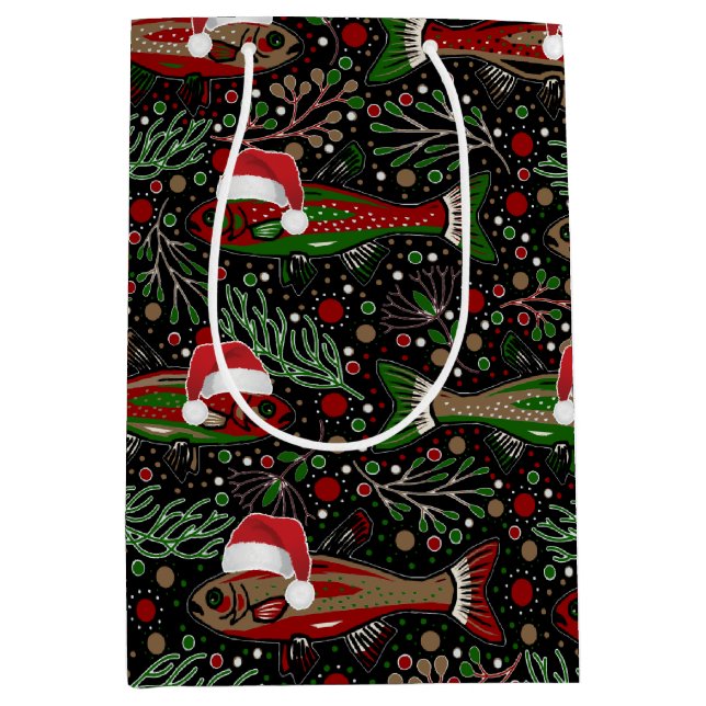 Christmas Fish in Santa Hats Red and Green Trout Medium Gift Bag (Front)