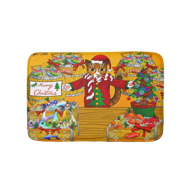 Christmas Fish Market Stall Cat Bath Mat (Front)