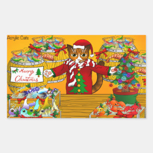 Christmas Fish Market Stall Cat Rectangular Sticker