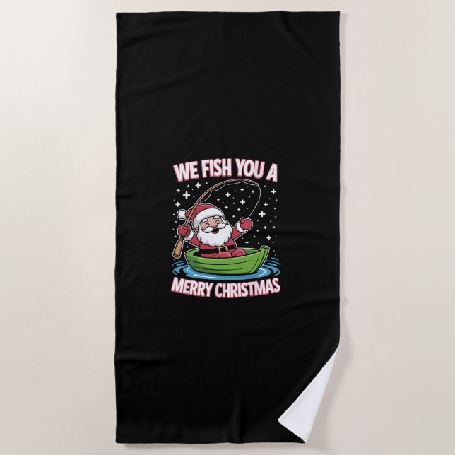 Christmas Fisherman Fishing Funny Cool Santa Claus Beach Towel (Front)
