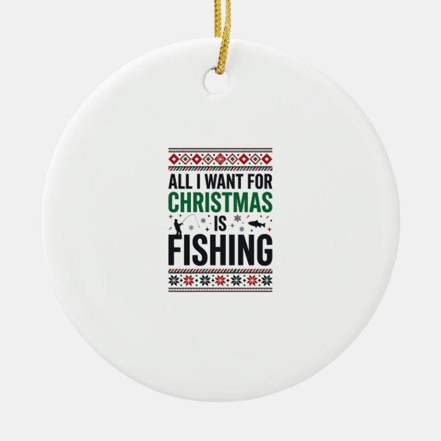 Christmas Fishing Ugly Sweater Design Ceramic Tree Decoration (Front)