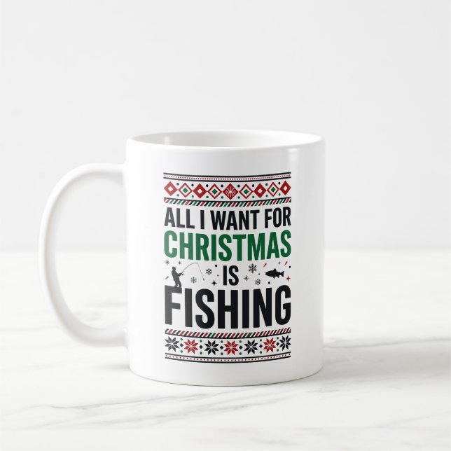 Christmas Fishing Ugly Sweater Design Coffee Mug (Left)