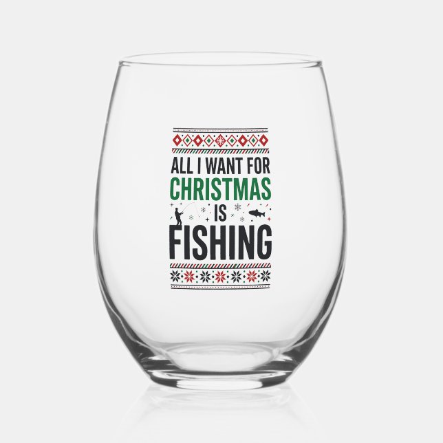 Christmas Fishing Ugly Sweater Design Stemless Wine Glass (Front)