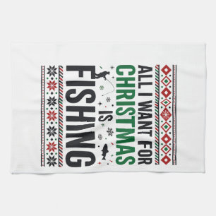 Christmas Fishing Ugly Sweater Design Tea Towel
