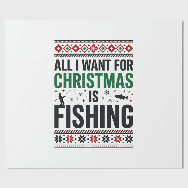 Christmas Fishing Ugly Sweater Design Wrapping Paper (Flat)