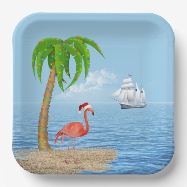 Christmas Flamingo and Palm Tree Paper Plate (Front)