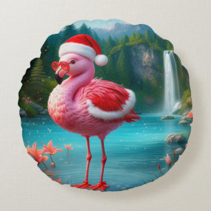 Christmas Flamingo As Santa Claus-47475 Round Cushion