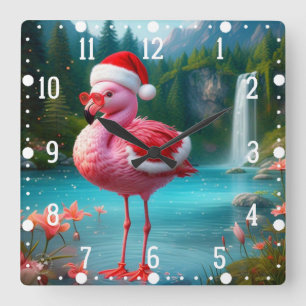 Christmas Flamingo As Santa Claus-47475 Square Wall Clock