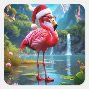 Christmas Flamingo As Santa Claus-47476 Square Sticker