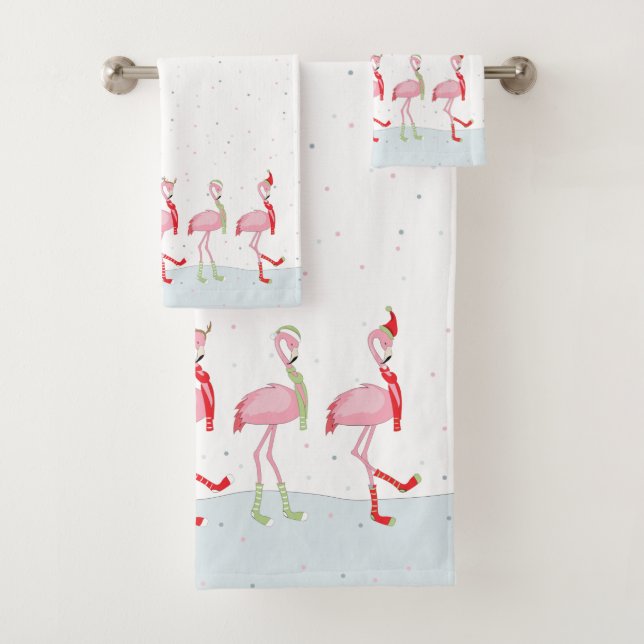 Christmas flamingo bath towel set (Insitu)