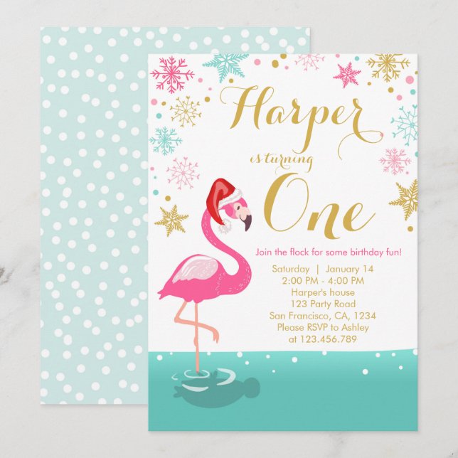 Christmas Flamingo Birthday invitation winter Snow (Front/Back)