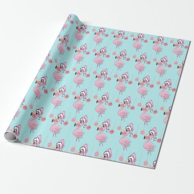 Christmas Flamingo Blue Pink Girly Cute Wrapping Paper (Unrolled)