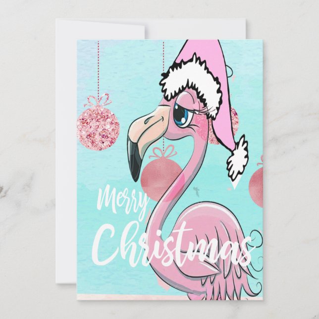 Christmas Flamingo Blue Pink Greeting Announcement (Front)