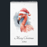 Christmas Flamingo customisable Calendar<br><div class="desc">Calendar  with on the cover a watercolor painting of a  pink flamingo wearing a pink winter christmas hat in christmas style. Each month has a different animal in watercolor.</div>