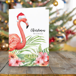 Christmas Flamingo Floral Greenery Wishes Holiday Card