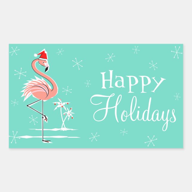 Christmas Flamingo Happy Holidays rectangle Rectangular Sticker (Front)