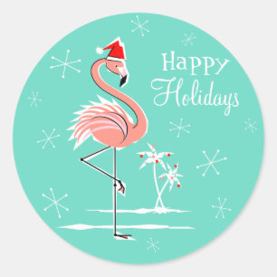 Christmas Flamingo Happy Holidays sticker round