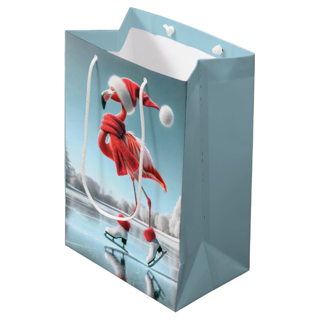 Christmas Flamingo Ice Skating Medium Gift Bag (Front Angled)