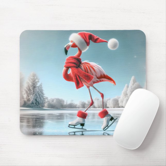 Christmas Flamingo Ice Skating Mouse Mat (With Mouse)