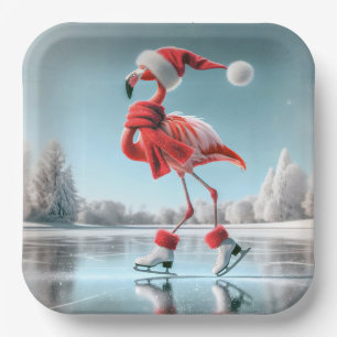 Christmas Flamingo Ice Skating Paper Plate