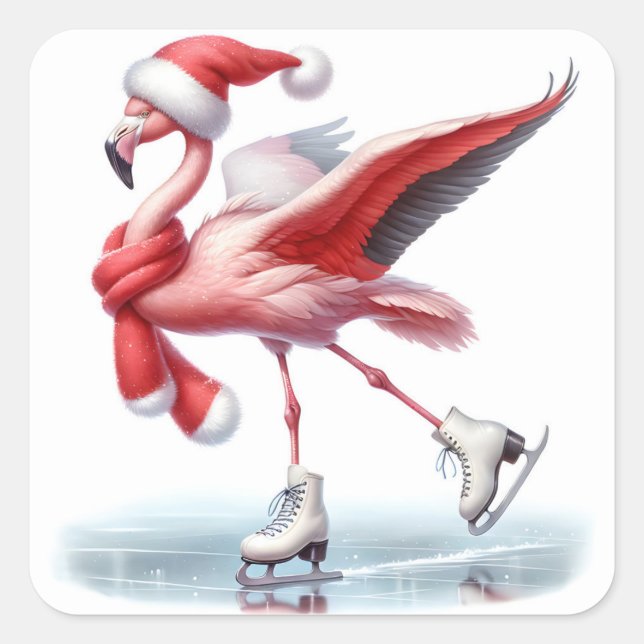 Christmas Flamingo Ice Skating Square Sticker (Front)