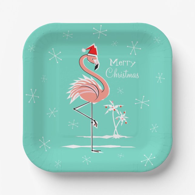 Christmas Flamingo Merry Christmas square Paper Plate (Front)