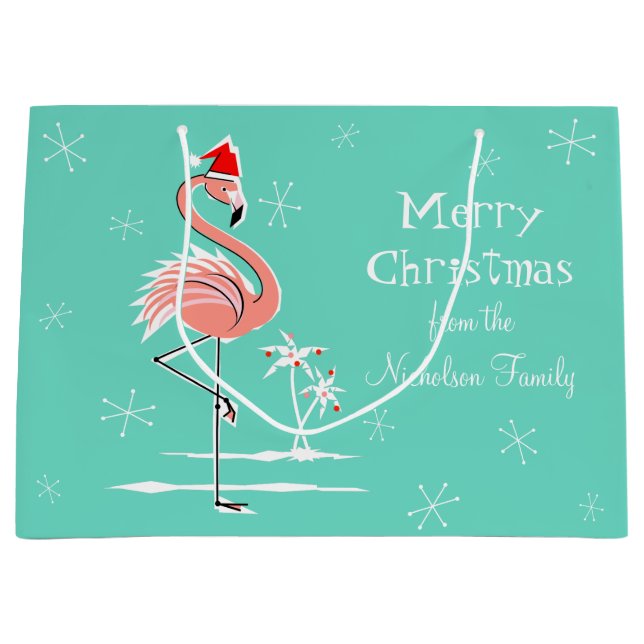 Christmas Flamingo Merry Christmas Text large Large Gift Bag (Front)