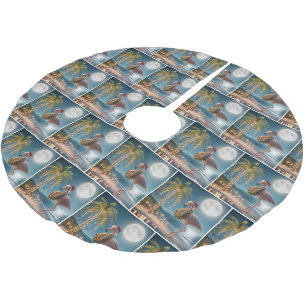Christmas Flamingo On a Beach Brushed Polyester Tree Skirt