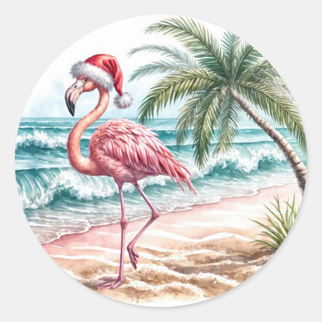Christmas Flamingo On a Beach Classic Round Sticker (Front)