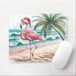 Christmas Flamingo On a Beach Mouse Mat<br><div class="desc">A flamingo wearing a Santa hat strolls along a sandy beach with waves gently crashing nearby</div>