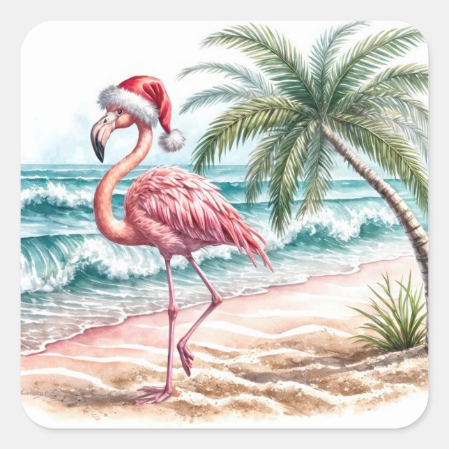 Christmas Flamingo On a Beach Square Sticker (Front)
