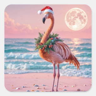 Christmas Flamingo On a Pink Beach Square Sticker