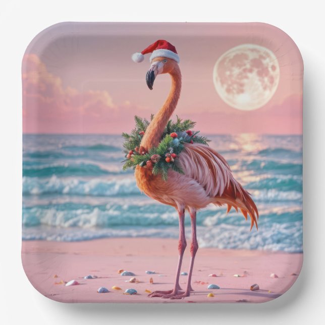 Christmas Flamingo On Pink Beach Paper Plate (Front)