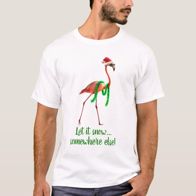 Christmas Flamingo on the Beach T-Shirt (Front)
