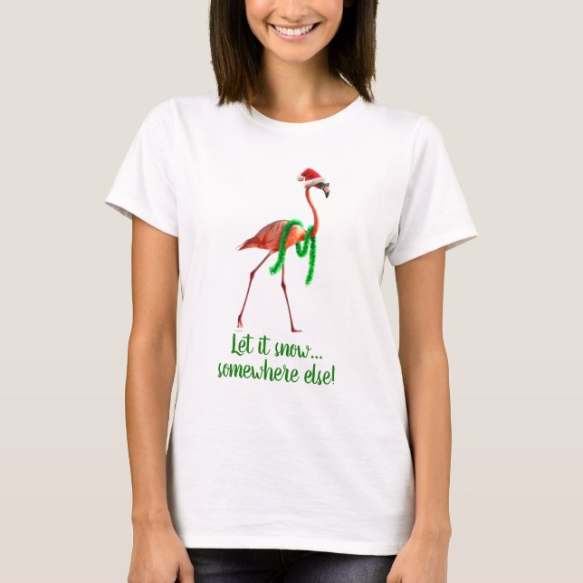 Christmas Flamingo on the Beach T-Shirt (Front)