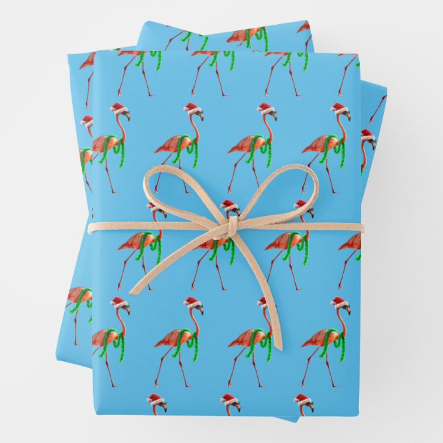 Christmas Flamingo on the Beach Wrapping Paper Sheet (In situ)